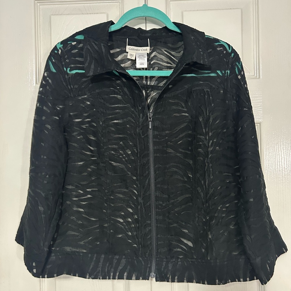 Coldwater Creek Black Sheer Zebra-Pattern Bomber Jacket